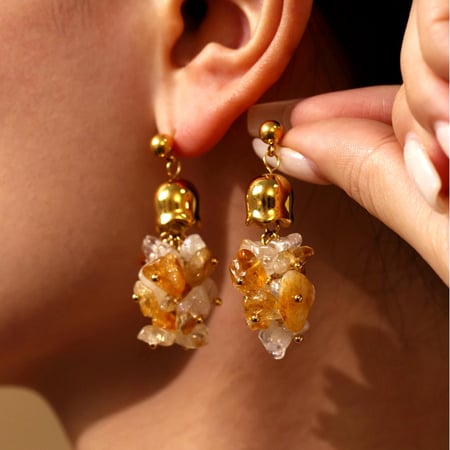 1 paire de boucles d&#39;oreilles pendantes en acier inoxydable couleur or avec pompons en pierre naturelle pour femme 2