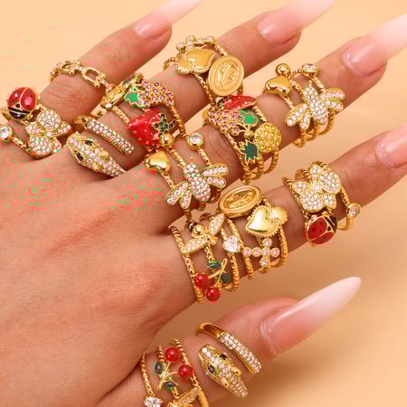 Bague de déclaration en acier inoxydable couleur or avec motif cerise douce, 1 pièce 2