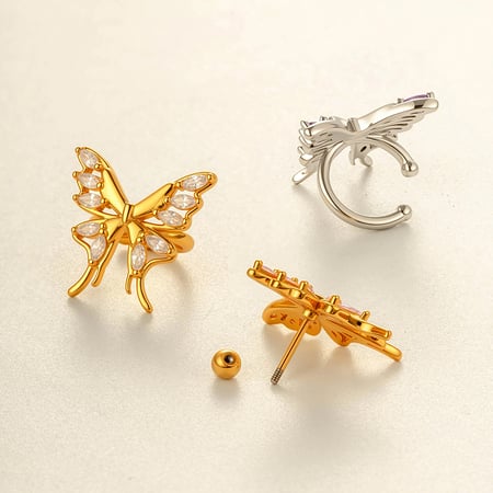 1 Piece Butterfly Copper Gold Color  Zircon Piercing Earring