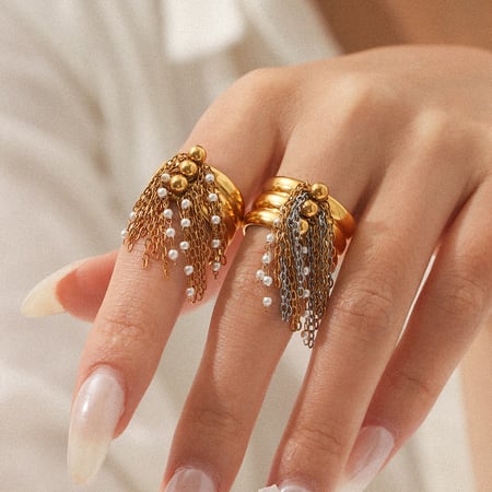 Bague chic en acier inoxydable avec pompon et perles couleur or, 1 pièce 2