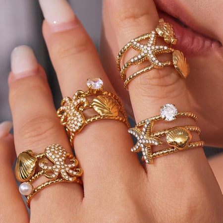 1 Piece Shinning Marine Organism Stainless Steel Gold Color Statement Rings 2