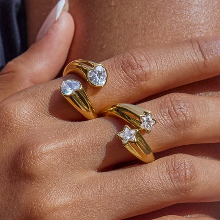 Bague en acier inoxydable couleur or pour femme, 1 pièce, motif étoile, pierre précieuse 2