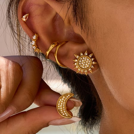 1 paire de boucles d&#39;oreilles délicates soleil et lune en acier inoxydable couleur or pour femme 2