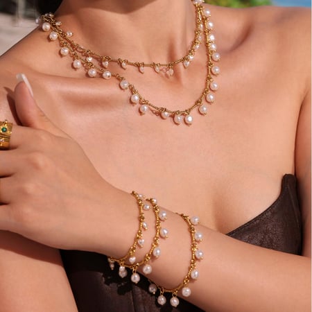 1 Piece Classic Pearl Beads Stainless Steel Gold Color Women's Necklaces Sets 2