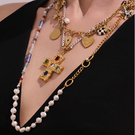 1 Piece Classic Cross Pearl Beads Stainless Steel Gold Color Zircon Women's Pendant Necklaces 2