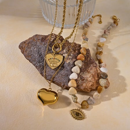 Collana con perline color oro e pietre naturali a forma di cuore retrò, 1 pezzo 2