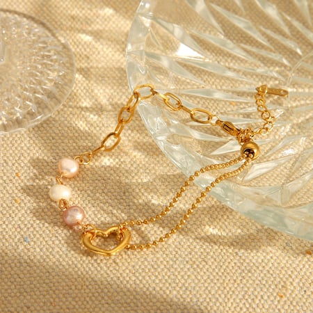 1 paire de bracelets simples en acier inoxydable couleur or avec pierre naturelle pour femme, motif cœur