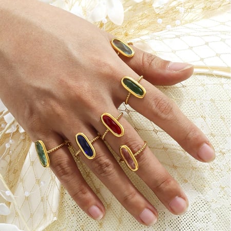 1 Piece Oval Shape Glass Stainless Steel Gold Color Statement Rings 2