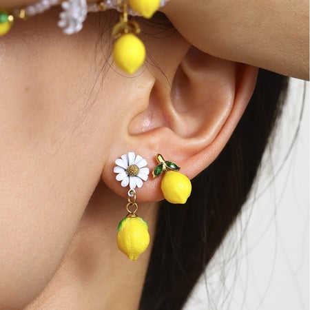 1 par de pendientes colgantes de acero inoxidable dorado con limón natural para mujer 2