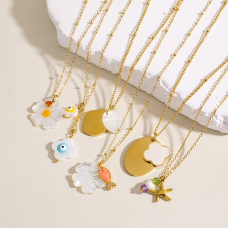 Collier pendentif simple en acier inoxydable pour femme avec motifs de coquillages et de fleurs 2