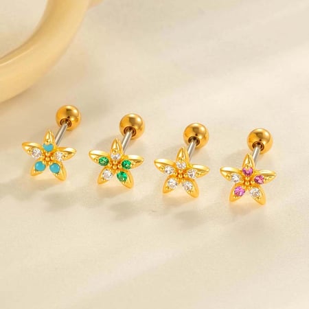 1 Adet Çiçek Bakır Altın Rengi Zirkonyum Piercing Küpe 2