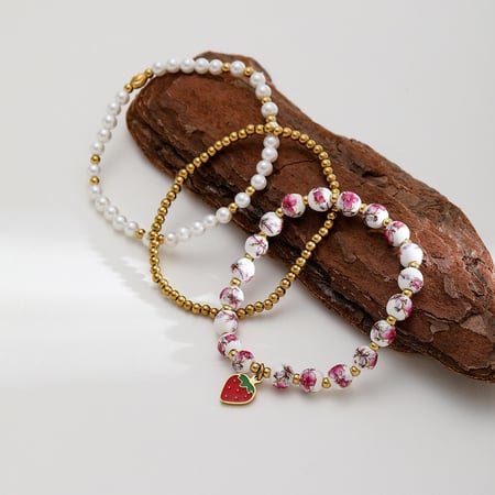 Bracelet de perles pour femme, série luxueuse, motif floral rétro, couleur or, en céramique