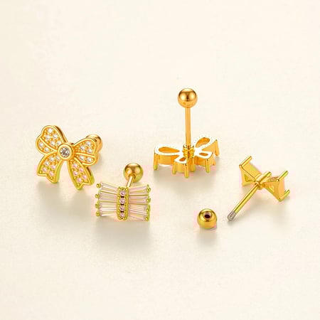1 Piece Bow Knot Copper Gold Color Zircon Piercing Earring