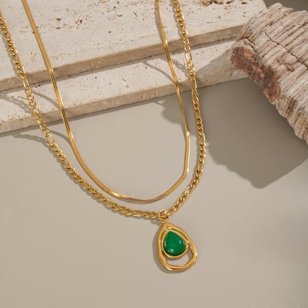 1 Stück ethnische Tropfen Edelstahl Gold Farbe Naturstein mehrlagige Halskette 2