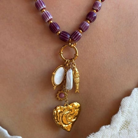 Collier de perles rétro en acier inoxydable couleur or avec cœur, 1 pièce