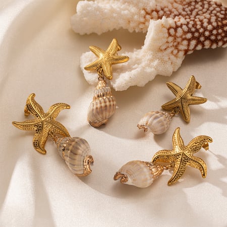1 paar zeester oorbellen van roestvrij staal met gouden schelpen 2