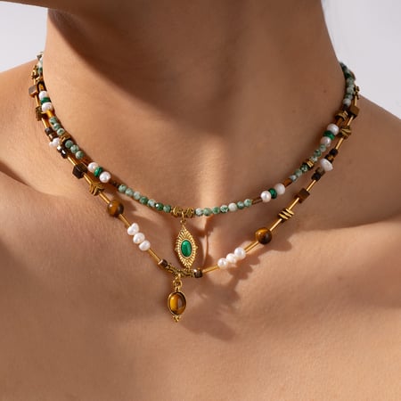 Collier de perles rétro œil du diable pour femme, pierres naturelles couleur or, 1 pièce 2