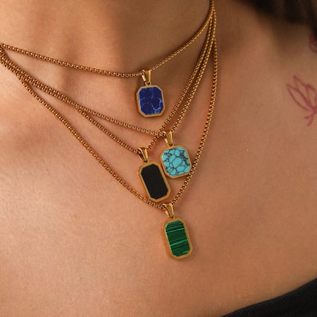 Collier avec pendentif rectangulaire en acier inoxydable et pierre naturelle pour femme, série simple, 1 pièce 2