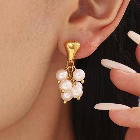 1 paire de magnifiques boucles d&#39;oreilles pendantes en acier inoxydable couleur or avec pompons en pierre naturelle pour femme 2