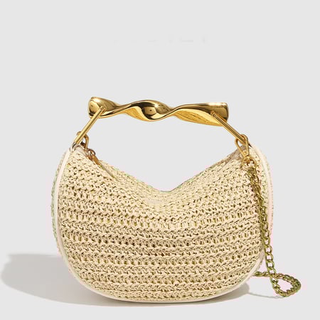 Sac à main romantique beige en paille avec chaîne tissée pour femme, 1 pièce 2