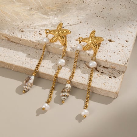 1 paio di orecchini pendenti in acciaio inossidabile color oro con nappa a forma di stella marina 2