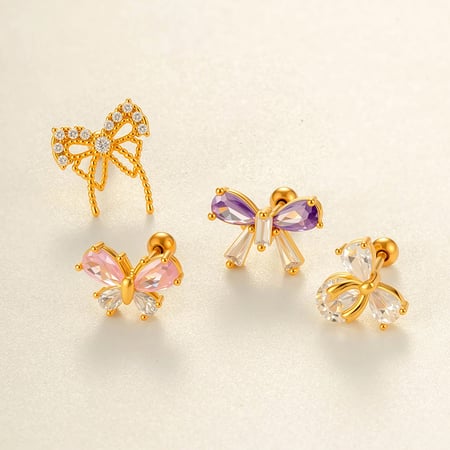 1 Piece Bow Knot Copper Gold Color  Zircon Piercing Earring 2