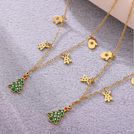 Collar con colgante de árbol de Navidad de acero inoxidable y circonitas color dorado para mujer 2