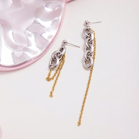 1 par de pendientes colgantes de acero inoxidable para mujer, con cadena sencilla en colores dorado y plateado. 2