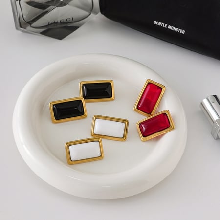 1 par de pendientes de botón de acero inoxidable dorado con ágata rectangular retro para mujer 2