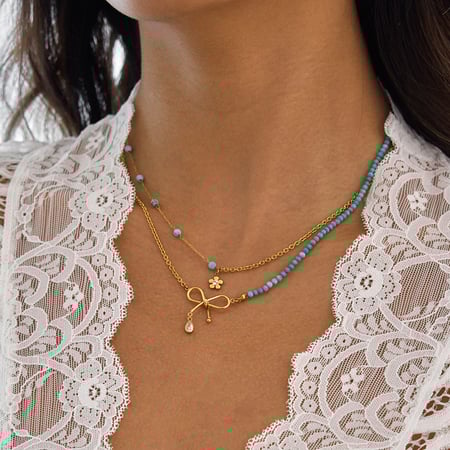 1 collar elegante de capas con cuentas de nudo de lazo de acero inoxidable color dorado para mujer 2