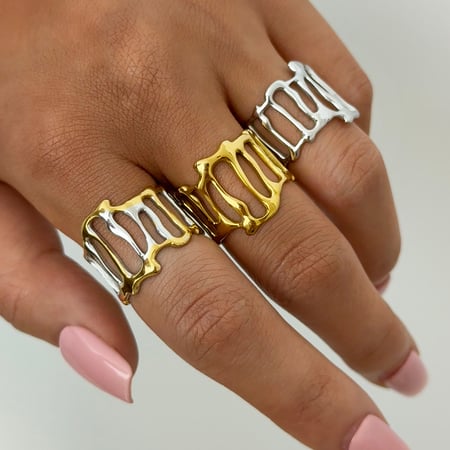 Anillos llamativos de acero inoxidable dorados con forma irregular para uso diario, 1 pieza 2