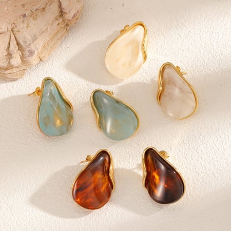 1 paio di orecchini a bottone da donna in acciaio inossidabile color oro e acrilico a forma di goccia irregolare
