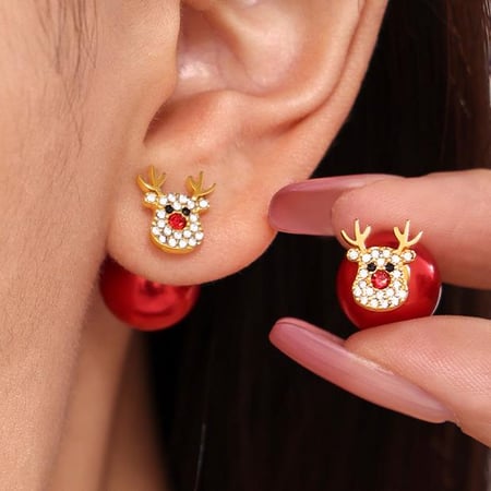 1 par de pendientes de botón de acero inoxidable con circonitas doradas y diseño de alce navideño para mujer 2