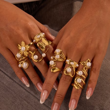 Anillos llamativos de acero inoxidable dorados con forma irregular y flor simple de 1 pieza 2