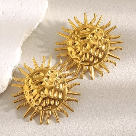 1 paire de boucles d&#39;oreilles à tige en acier inoxydable doré à texture martelée au soleil pour femme 2
