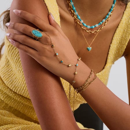 1 bracelet-bague en acier inoxydable doré pour femme avec perles de calaïte