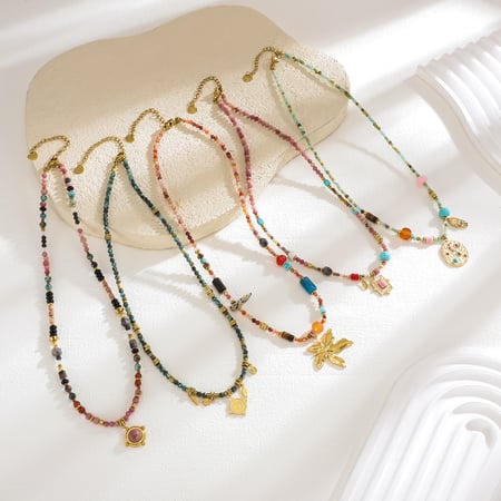 1 Piece Colorful Natural Stone Beads Stainless Steel Gold Color Women's Beaded Necklaces 2