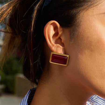 1 par de pendientes de botón de acero inoxidable dorado con ágata rectangular retro para mujer