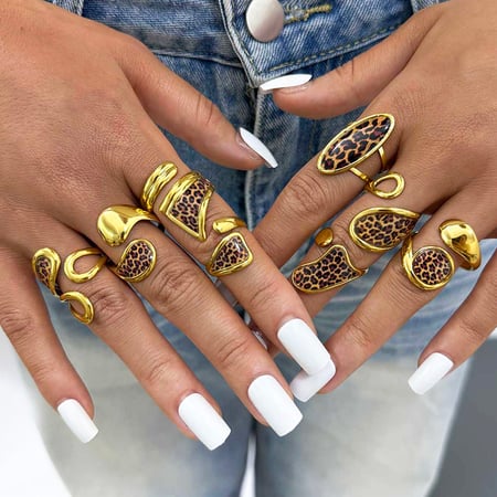 Anillos llamativos de acero inoxidable con estampado de leopardo de forma irregular retro para mujer, 1 pieza
