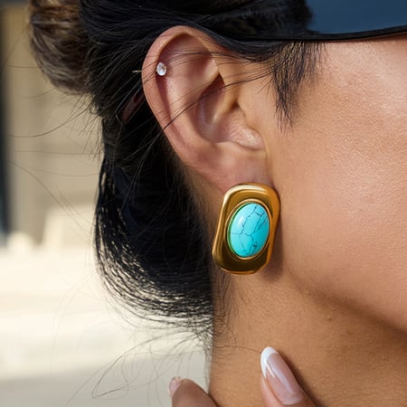 1 par de aretes clásicos de calaita ovalada y rectangular de acero inoxidable color dorado para mujer 2