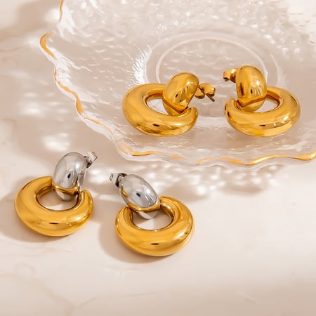 1 par de pendientes de botón de acero inoxidable dorados con forma de círculo elegante de serie romántica para mujer 2