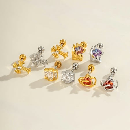 1 Stück Herz Kreuz Kupfer Gold Farbe Zirkon Piercing Ohrring 2