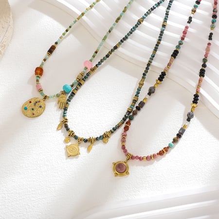 1 Piece Colorful Natural Stone Beads Stainless Steel Gold Color Women's Beaded Necklaces