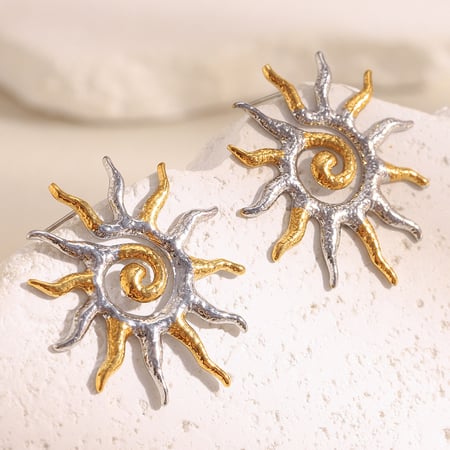 1 par de pendientes clásicos de sol de acero inoxidable color dorado para mujer 2