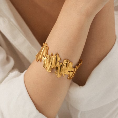 Bracelet simple en acier inoxydable doré pour femme, série quotidienne, motif feuille 2