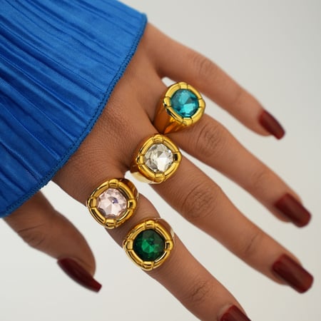 Anillo de lujo vintage de acero inoxidable color dorado con piedras preciosas para mujer, 1 pieza 2