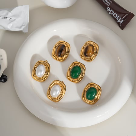 1 par de pendientes clásicos rectangulares de acero inoxidable color dorado con piedra natural y perla para mujer