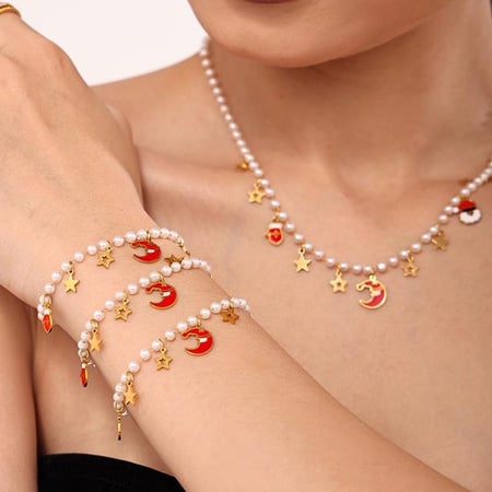 Parure de bijoux pour femme avec gants de Noël en acier inoxydable et coquillage couleur or 2