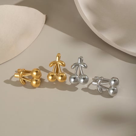 1 par de pendientes de botón de acero inoxidable color dorado con diseño de cereza dulce 2