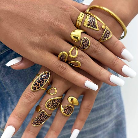Anillos llamativos de acero inoxidable con estampado de leopardo de forma irregular retro para mujer, 1 pieza 2
